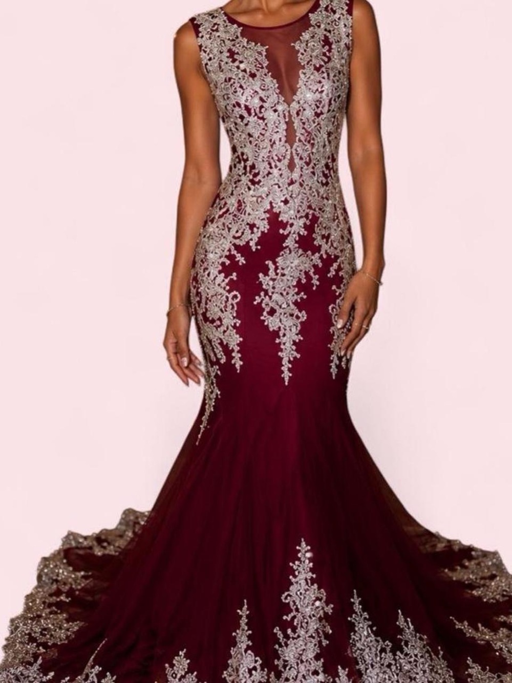 Elizabeth K burgundy lace mermaid prom dress with beading size small